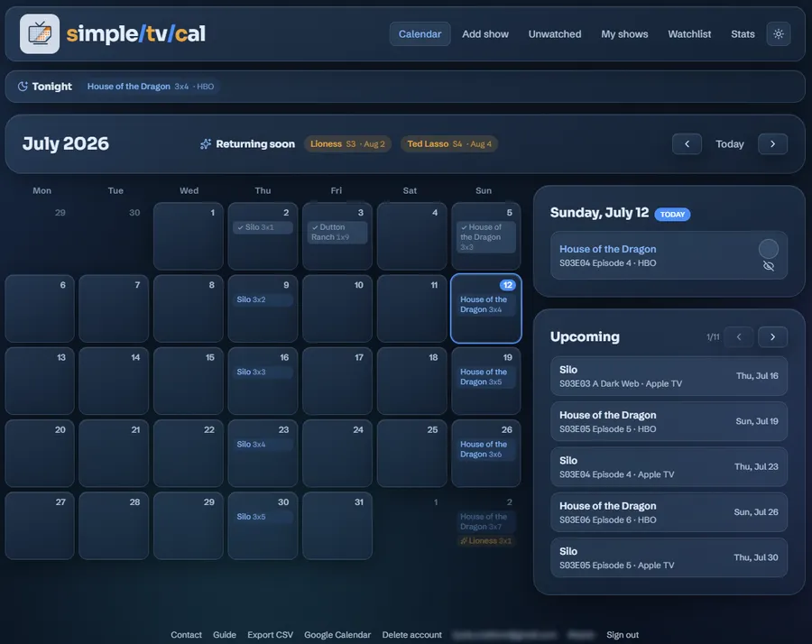 The same TV show calendar in the dark theme
