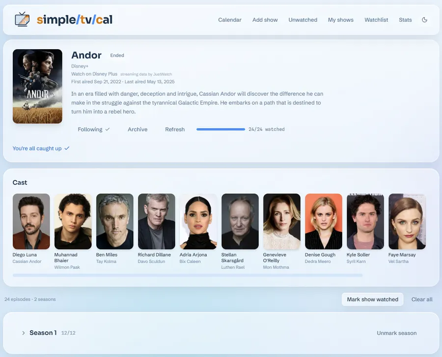 A TV show page listing its seasons and episodes with air dates and IMDb ratings